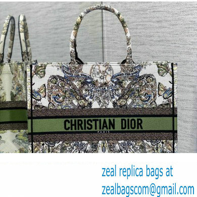 Dior Large Book Tote Bag in White and Green Butterfly Around The World Embroidery