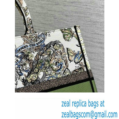 Dior Large Book Tote Bag in White and Green Butterfly Around The World Embroidery