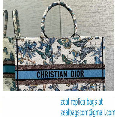 Dior Large Book Tote Bag in White and Pastel Midnight Blue Toile de Jouy Mexico Embroidery