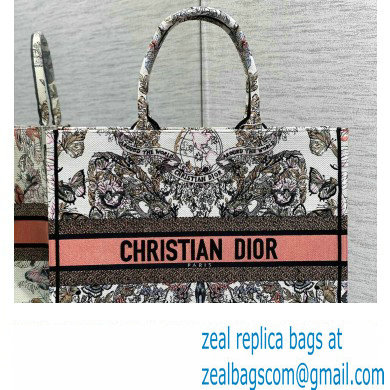 Dior Large Book Tote Bag in White and Pastel Pink Butterfly Around The World Embroidery