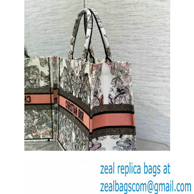 Dior Large Book Tote Bag in White and Pastel Pink Butterfly Around The World Embroidery