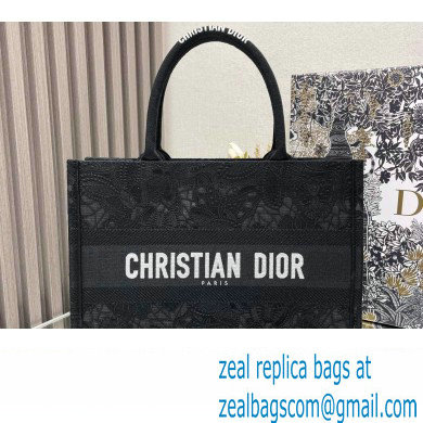 Dior Medium Book Tote Bag in Black D-Lace Butterfly Embroidery 2024
