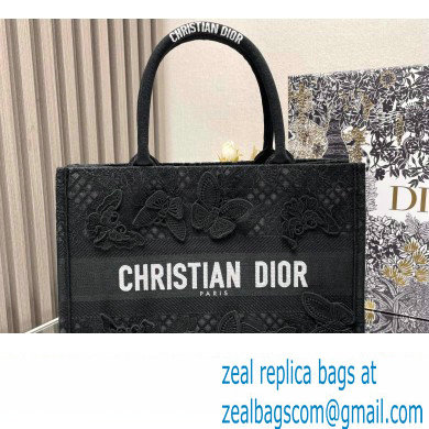 Dior Medium Book Tote Bag in Black D-Lace Butterfly Embroidery with 3D Macrame Effect 2024