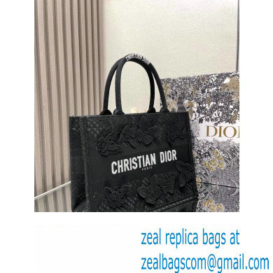 Dior Medium Book Tote Bag in Black D-Lace Butterfly Embroidery with 3D Macrame Effect 2024