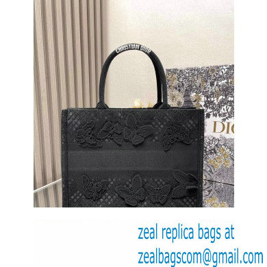 Dior Medium Book Tote Bag in Black D-Lace Butterfly Embroidery with 3D Macrame Effect 2024