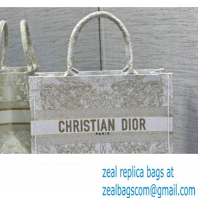 Dior Medium Book Tote Bag in Gold-tone and White Butterfly Around The World Embroidery