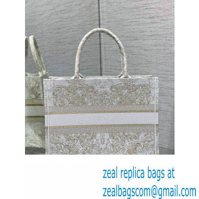 Dior Medium Book Tote Bag in Gold-tone and White Butterfly Around The World Embroidery