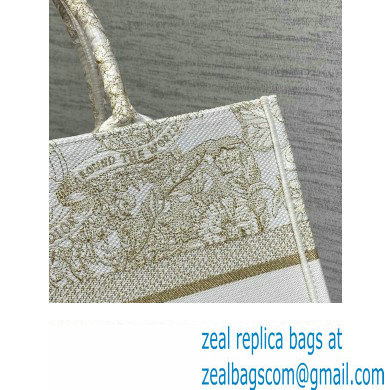 Dior Medium Book Tote Bag in Gold-tone and White Butterfly Around The World Embroidery