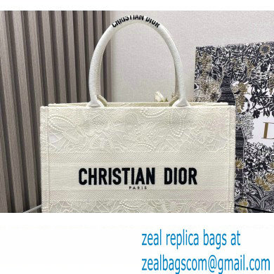 Dior Medium Book Tote Bag in White D-Lace Butterfly Embroidery 2024