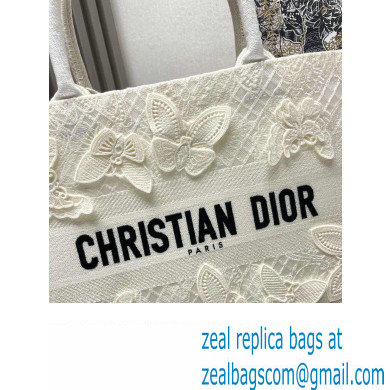 Dior Medium Book Tote Bag in White D-Lace Butterfly Embroidery with 3D Macrame Effect 2024