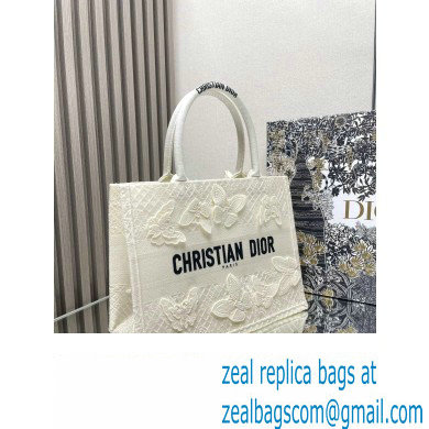 Dior Medium Book Tote Bag in White D-Lace Butterfly Embroidery with 3D Macrame Effect 2024