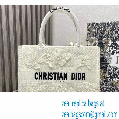 Dior Medium Book Tote Bag in White D-Lace Butterfly Embroidery with 3D Macrame Effect 2024