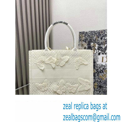Dior Medium Book Tote Bag in White D-Lace Butterfly Embroidery with 3D Macrame Effect 2024
