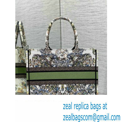 Dior Medium Book Tote Bag in White and Green Butterfly Around The World Embroidery