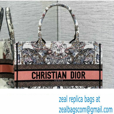 Dior Medium Book Tote Bag in White and Pastel Pink Butterfly Around The World Embroidery
