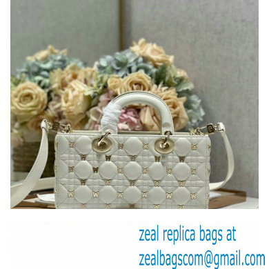 Dior Medium Lady D-Joy Bag in White Cannage Lambskin with Gold-Finish Butterfly Studs 2024