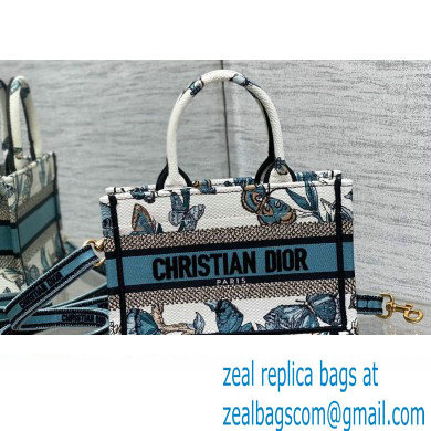 Dior Mini Dior Book Tote Bag with Strap in White and Pastel Midnight Blue Toile de Jouy Mexico Embroidery