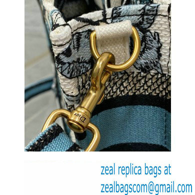 Dior Mini Dior Book Tote Bag with Strap in White and Pastel Midnight Blue Toile de Jouy Mexico Embroidery