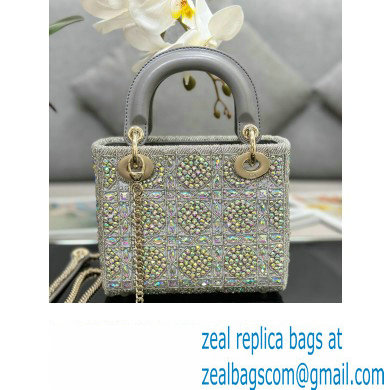 Dior Mini Lady Dior Bag in Gray Smooth Calfskin and Satin with Bead Embroidery