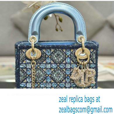 Dior Mini Lady Dior Bag in Metallic Calfskin and Satin with Celestial Blue Bead Embroidery - Click Image to Close