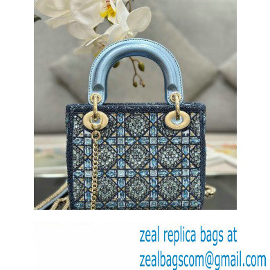 Dior Mini Lady Dior Bag in Metallic Calfskin and Satin with Celestial Blue Bead Embroidery