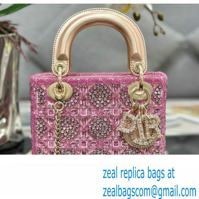 Dior Mini Lady Dior Bag in Metallic Calfskin and Satin withRose Des Vents Resin Pearl Embroidery