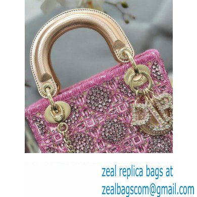 Dior Mini Lady Dior Bag in Metallic Calfskin and Satin withRose Des Vents Resin Pearl Embroidery