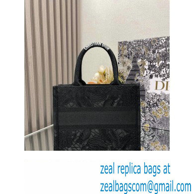 Dior Small Book Tote Bag in Black D-Lace Butterfly Embroidery 2024