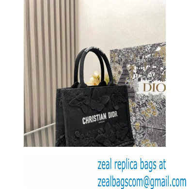 Dior Small Book Tote Bag in Black D-Lace Butterfly Embroidery with 3D Macrame Effect 2024