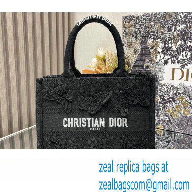 Dior Small Book Tote Bag in Black D-Lace Butterfly Embroidery with 3D Macrame Effect 2024