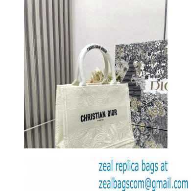 Dior Small Book Tote Bag in White D-Lace Butterfly Embroidery 2024