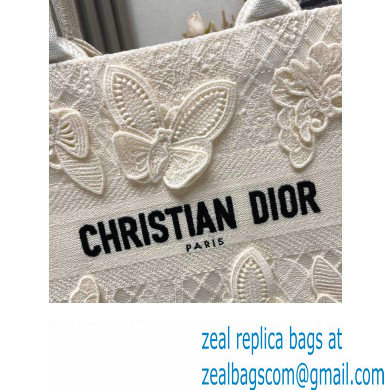 Dior Small Book Tote Bag in White D-Lace Butterfly Embroidery with 3D Macrame Effect 2024