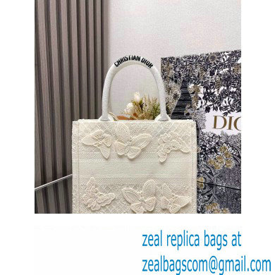 Dior Small Book Tote Bag in White D-Lace Butterfly Embroidery with 3D Macrame Effect 2024