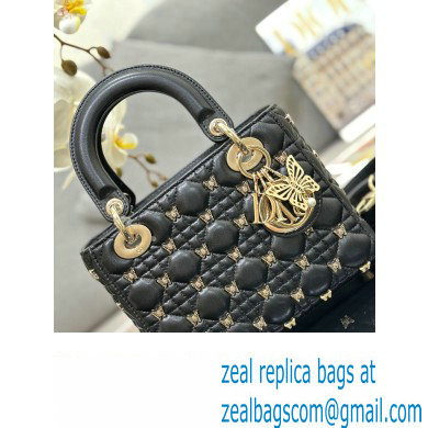Dior Small Lady Dior Bag in Black Cannage Lambskin with Gold-Finish Butterfly Studs