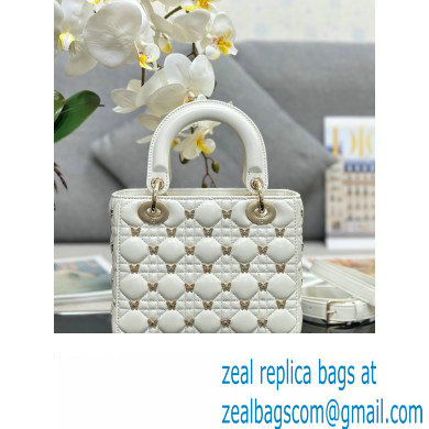 Dior Small Lady Dior Bag in White Cannage Lambskin with Gold-Finish Butterfly Studs - Click Image to Close