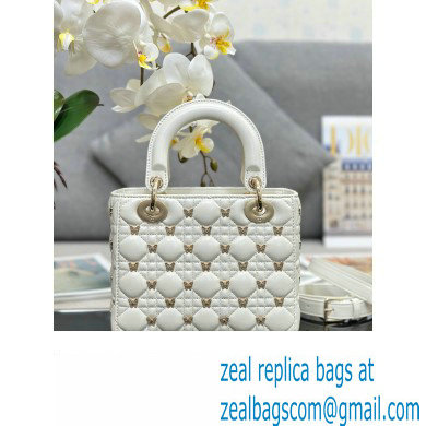 Dior Small Lady Dior Bag in White Cannage Lambskin with Gold-Finish Butterfly Studs