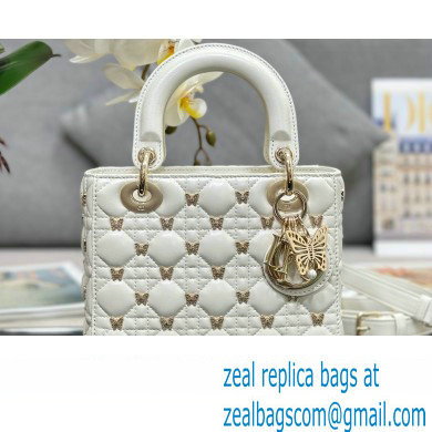 Dior Small Lady Dior Bag in White Cannage Lambskin with Gold-Finish Butterfly Studs