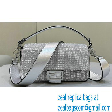 Fendi Medium Baguette Silver leather bag with crystal FF motif