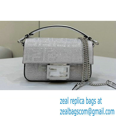Fendi Mini Baguette Silver leather bag with crystal FF motif - Click Image to Close