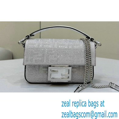 Fendi Mini Baguette Silver leather bag with crystal FF motif