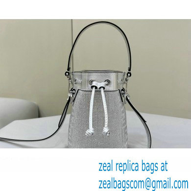 Fendi Mini Mon Tresor Bucket Silver leather bag with crystal FF motif