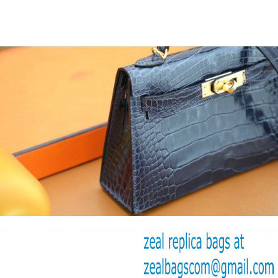 Hermes Mini Kelly II Handbag in alligator leather bleu sapphire with crystals hardware(handmade)