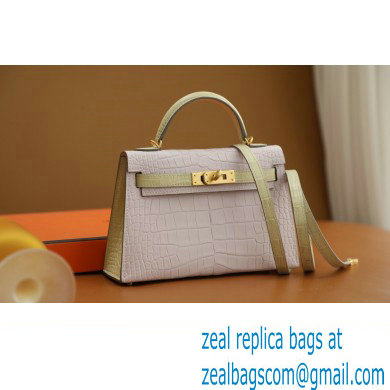 Hermes Mini Kelly II Handbag in alligator leather mauve pale/vanille with crystals hardware(handmade)