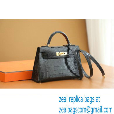 Hermes Mini Kelly II Handbag in alligator leather noir with gold hardware(handmade)