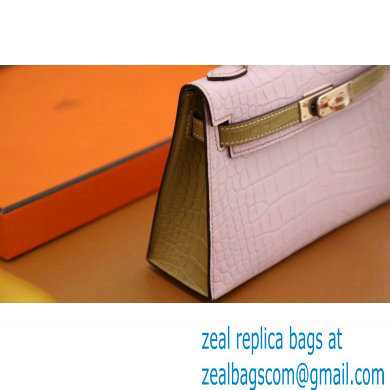 Hermes Mini Kelly II Handbag in alligator leather pink/kraft with crystals hardware(handmade)