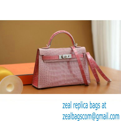 Hermes Mini Kelly II Handbag in alligator leather pink with crystals hardware(handmade)