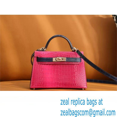 Hermes Mini Kelly II Handbag in alligator leather rose scheherazade/bleu encre with gold hardware(handmade)