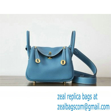 Hermes Mini Lindy 19cm Bag in original taurillon clemence leather Blue Jean with gold hardware(handmade)