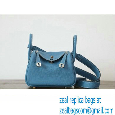 Hermes Mini Lindy 19cm Bag in original taurillon clemence leather Blue Jean with silver hardware(handmade)