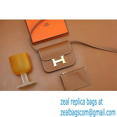 Hermes epsom leather Constance Slim Wallet with belt handmade gold brown/silver (original quality) - Click Image to Close